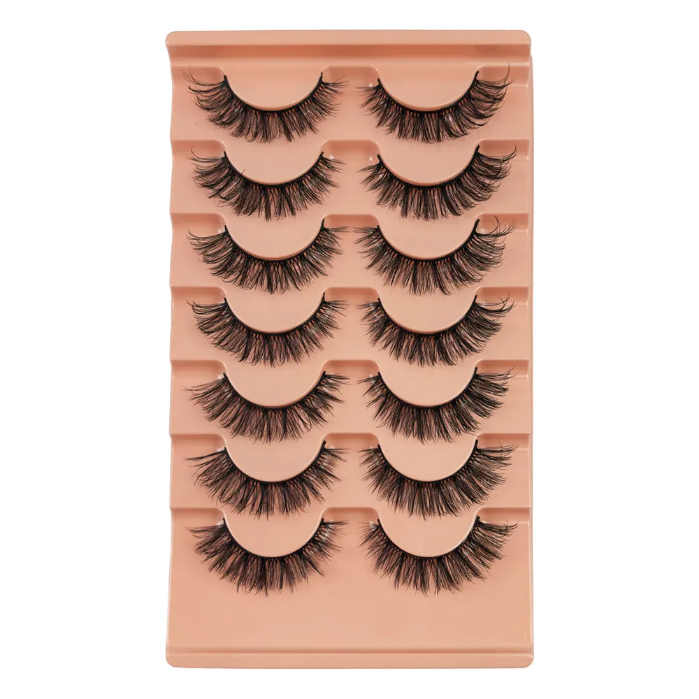 7 Pairs Natural Curl Strip Lashes – 3D Volume Layered False Eyelashes with Black Band, Fluffy Multi-Dimensional Eye Lashes in Orange Tray, Reusable